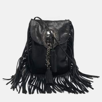 مملوكة مسبقًا Saint Laurent Anita Fringed Black Leather Shoulder Bag