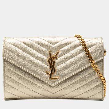 مملوكة مسبقًا Saint Laurent Paris Gold Metallic Grain De Poudre Matelasse Chevron Monogram Chain Wallet
