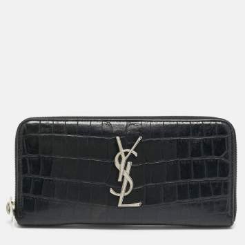 مملوكة مسبقًا Saint Laurent Cassandre Black Croc Embossed Leather Zip Around Wallet