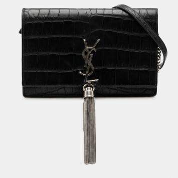مملوكة مسبقًا Saint Laurent Paris Black Croc Embossed Leather Monogram Kate Tassel Wallet on Chain
