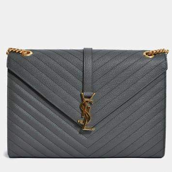 Pre Owned Saint Laurent Grey Chevron Leather Envelope Large Chain Shoulder Bag