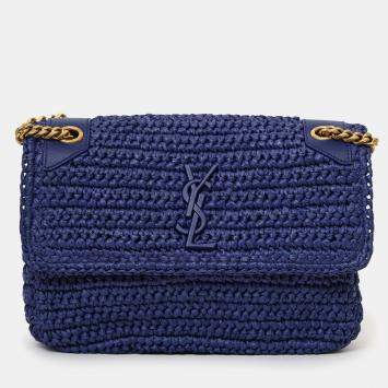 Pre Owned Saint Laurent Blue Raffia Niki Medium Shoulder Bag