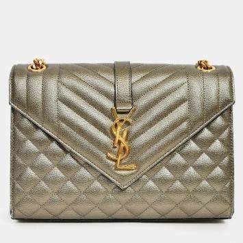 Pre Owned Saint Laurent Gunmetal Tri-Quilted Leather Envelope Chain Shoulder Bag