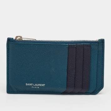 مملوكة مسبقًا Saint Laurent Fragments Zip Dark Teal Blue/Navy Leather Card Case