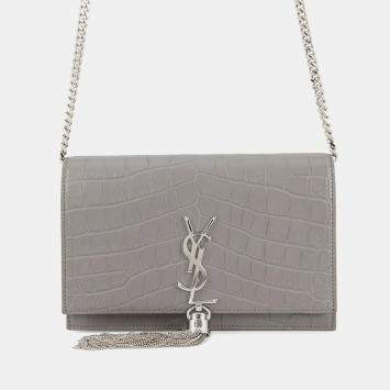 مملوكة مسبقًا Saint Laurent Paris Kate Chain Wallet Gray Croco Embossed Leather