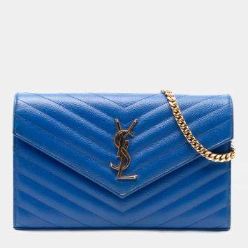 Pre Owned Saint Laurent Paris Blue Grain De Poudre Chevron Monogram Envelope Chain Wallet