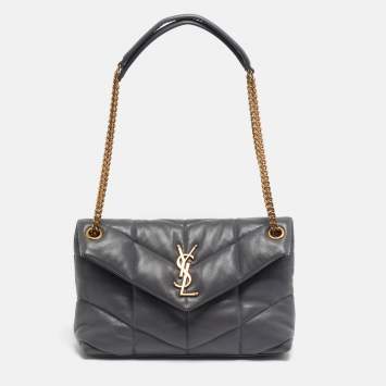 Pre Owned Saint Laurent Loulou Puffer Small Grey Chevron Leather Shoulder Bag