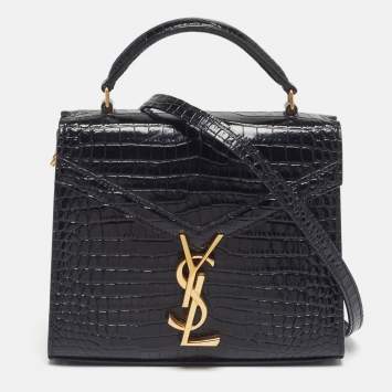 Pre Owned Saint Laurent Cassandra Mini Black Croc Embossed Leather Top Handle Bag