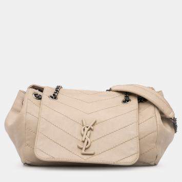 Pre Owned Saint Laurent Paris Brown Small Chevron Lambskin Monogram Nolita Shoulder Bag