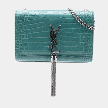 Pre Owned Saint Laurent Paris Blue Small Croc Embossed Leather Monogram Kate Tassel Crossbody
