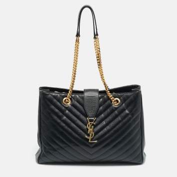 Pre Owned Saint Laurent Monogram Black Chevron Leather Tote