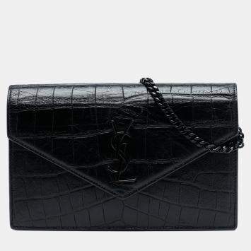 Pre Owned Saint Laurent Paris Black Croc Embossed Leather Monogram Monochrome Envelope Chain Wallet
