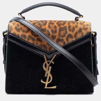 Pre Owned Saint Laurent Paris Black Brown Mini Suede Leopard Print Monogram Cassandra Top Handle Bag