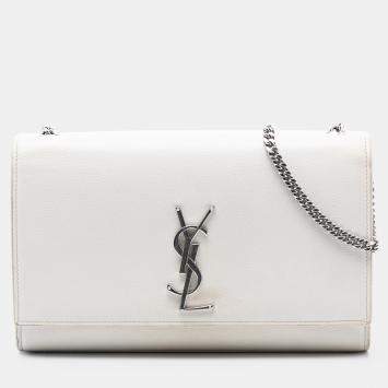 Pre Owned Saint Laurent Paris White Medium Grain De Poudre Monogram Kate Crossbody