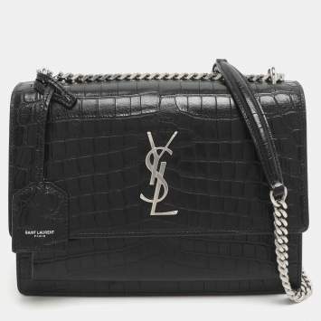 Pre Owned Saint Laurent Paris Sunset Medium Black Croc Embossed Leather Shoulder Bags