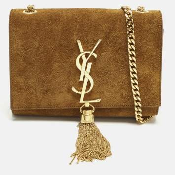 Pre Owned Saint Laurent Kate Small Brown Suede Tassel Flap Chain Crossbody Bag