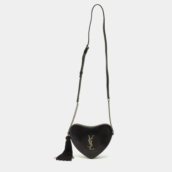Pre Owned Saint Laurent Heart Black Leather Chain Crossbody Bag