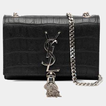 Pre Owned Saint Laurent Paris Black Small Croc Embossed Leather Monogram Kate Tassel Crossbody