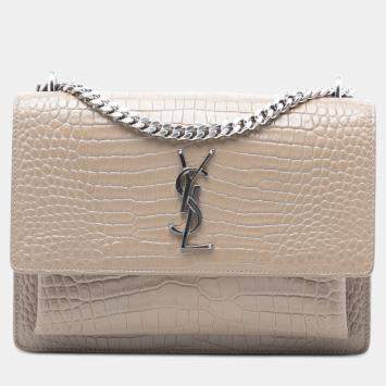 مملوكة مسب قًا Saint Laurent Paris Brown Medium Croc Embossed Leather Monogram Sunset Crossbody