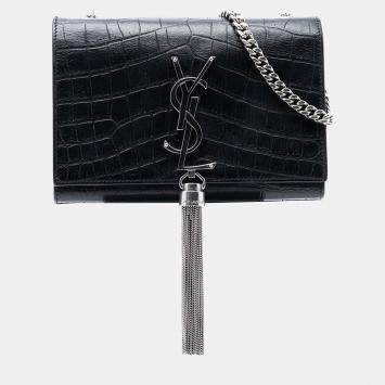 مملوكة مسبقًا Saint Laurent Paris Black Small Croc Embossed Leather Monogram Kate Tassel Crossbody
