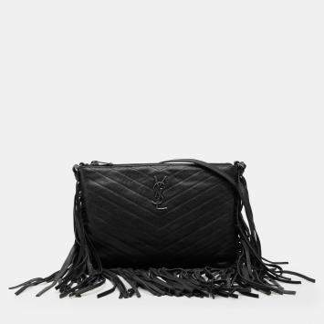 Pre Owned حقيبة كروس بودي بشراريب مونوغرام جلد الغنم شيفرون سوداء سان لوران باريس