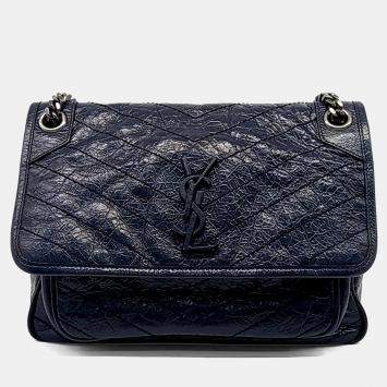 Pre Owned Saint Laurent Paris Navy Blue Leather Niki Monogram Shoulder Bag