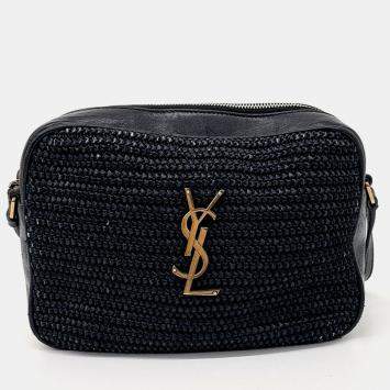 Pre Owned Saint Laurent Paris Black Leather and Raffia Lou Camera Bag