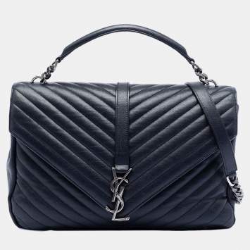 Pre Owned Saint Laurent Paris Blue Large Chevron Sheepskin Monogram College Satchel