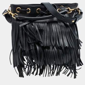 Pre Owned Saint Laurent Paris Black Small Calfskin Emmanuelle Fringe Bucket Bag