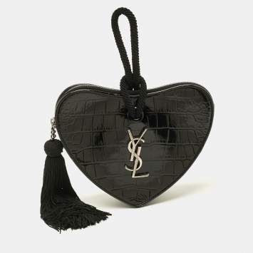 Pre Owned Saint Laurent Heart Tassel Black Croc Embossed Patent Leather Clutch