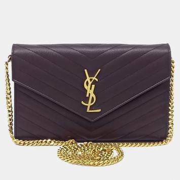 Pre Owned Saint Laurent Paris Burgundy Leather Monogram Chain Crossbody Bag