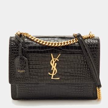 Pre Owned Saint Laurent Sunset Medium Black Croc Embossed Leather Flap Crossbody Bag