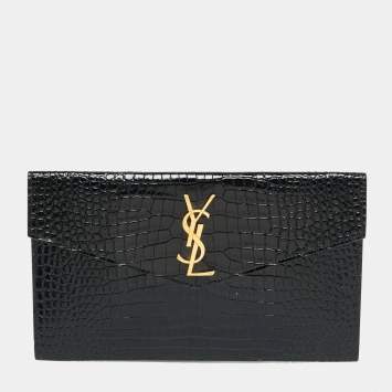 Pre Owned Saint Laurent Uptown Black Croc Embossed Leather Envelope Clutch