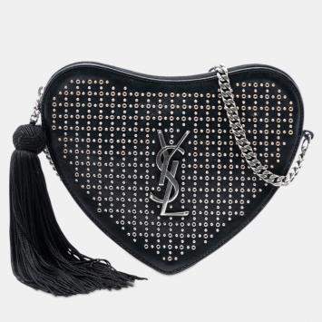 مملوكة مسبقًا Saint Laurent Paris Black Studded Calfskin Sac Coeur Heart Tassel Crossbody