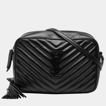 مملوكة مسبقًا Saint Laurent Paris Black Chevron Calfskin Monogram Monochrome Lou Camera Bag