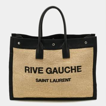 مملوكة مسبقًا Saint Laurent Rive Gauche Large Black/Natural Woven Straw Tote