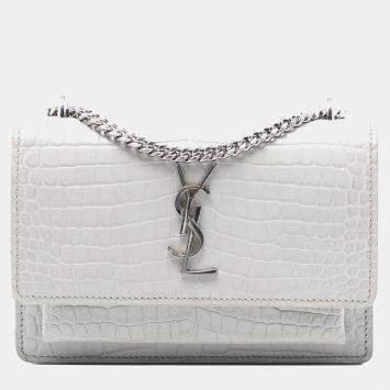 Pre Owned Saint Laurent Paris Mini Croc Embossed Leather Monogram Sunset Wallet on Chain