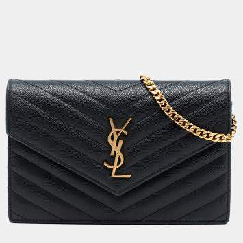 Pre Owned Saint Laurent Paris Black Grain De Poudre Cassandre Envelope Chain Wallet