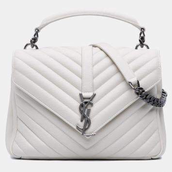 Pre Owned Saint Laurent Paris White Medium Chevron Sheepskin Monogram College Satchel
