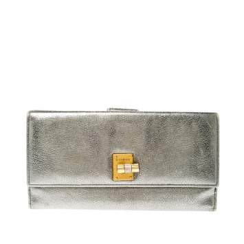 Pre Owned Yves Saint Laurent Grey Metallic Leather Turn Lock Flap Wallet