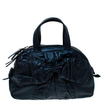 Pre Owned Saint Laurent Paris Dark Navy Blue Pleated Bow Leather Satchel