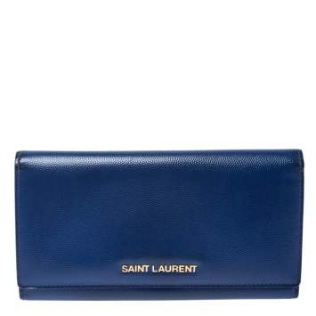 Pre Owned Saint Laurent Paris Blue Leather Marquage Continental Flap Wallet
