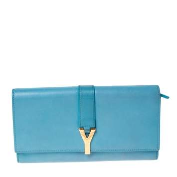 Pre Owned Saint Laurent Paris Light Blue Leather Y Line Flap Wallet