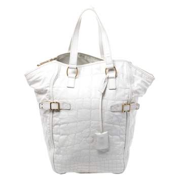 Pre Owned Yves Saint Laurent White Croc Embossed Patent Leather Medium Downtown Tote