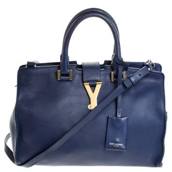 Pre Owned Saint Laurent Paris Blue Leather Small Cabas Chyc Tote