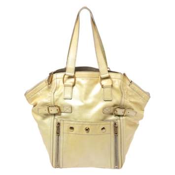 Pre Owned Yves Saint Laurent Metallic Yellow Patent Leather Small Downtown Tote