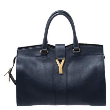 Pre Owned Saint Laurent Navy Blue Leather Medium Cabas Chyc Satchel