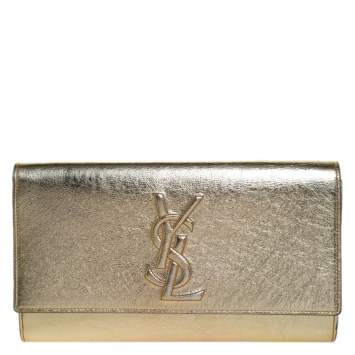Pre Owned Saint Laurent Metallic Gold Leather Belle De Jour Flap Clutch
