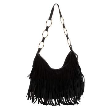Pre Owned Saint Laurent Black Fringed Suede  and Leather La Boheme Shoulder Bag