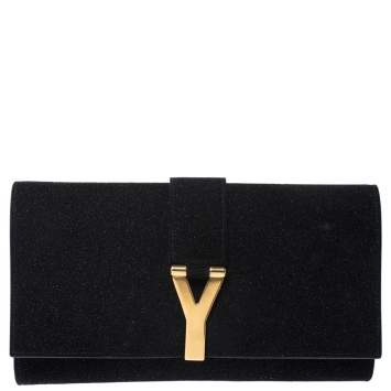Pre Owned Saint Laurent  Black Suede Glittered Y-Ligne Clutch